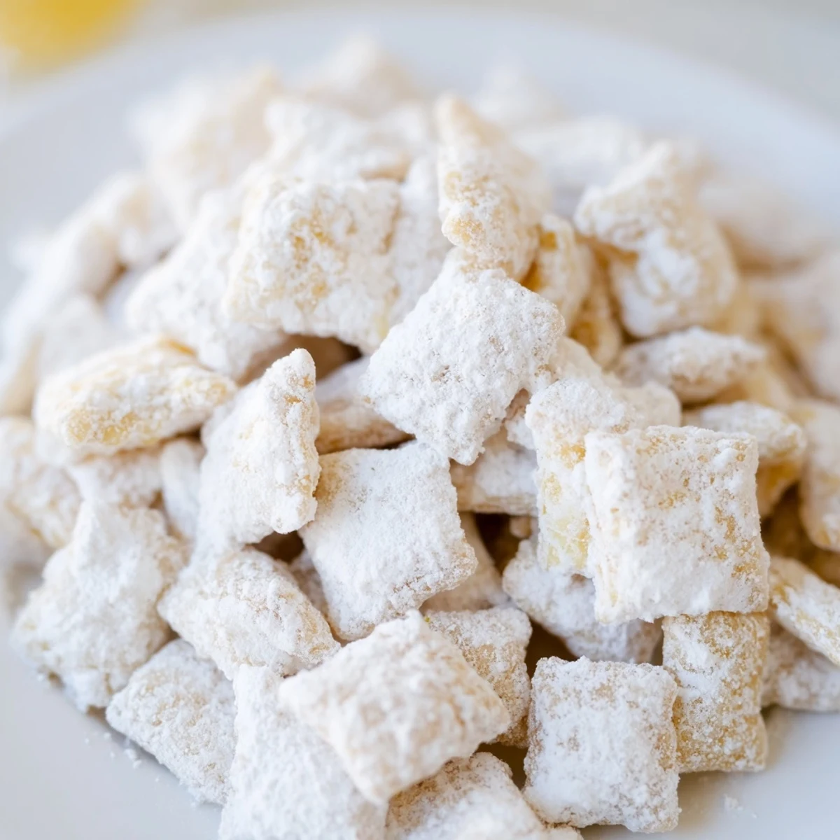 Bright lemonade puppy chow recipe featuring white chocolate drizzle over crispy cereal pieces on baking sheet