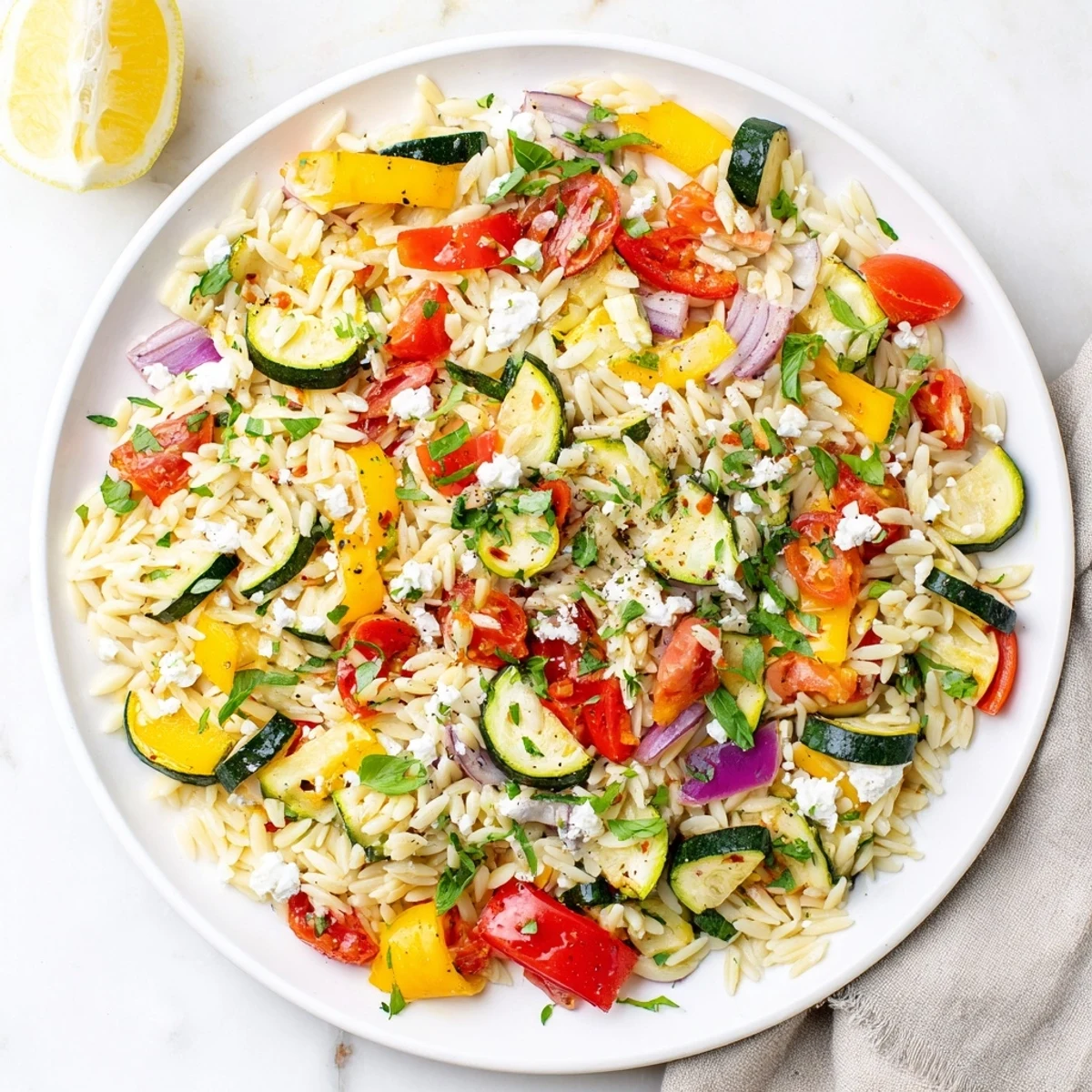 Golden roasted vegetable orzo pasta topped with crumbled feta and fresh herbs in a white serving bowl