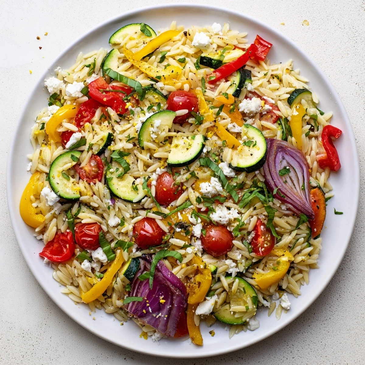 Colorful Mediterranean roasted vegetable orzo with zucchini bell peppers cherry tomatoes and lemon zest garnish