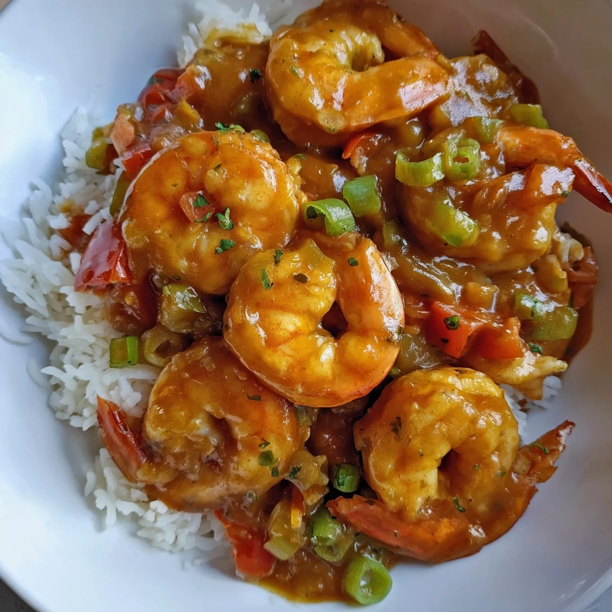 Succulent shrimp simmered in rich Cajun étouffée sauce served over fluffy white rice