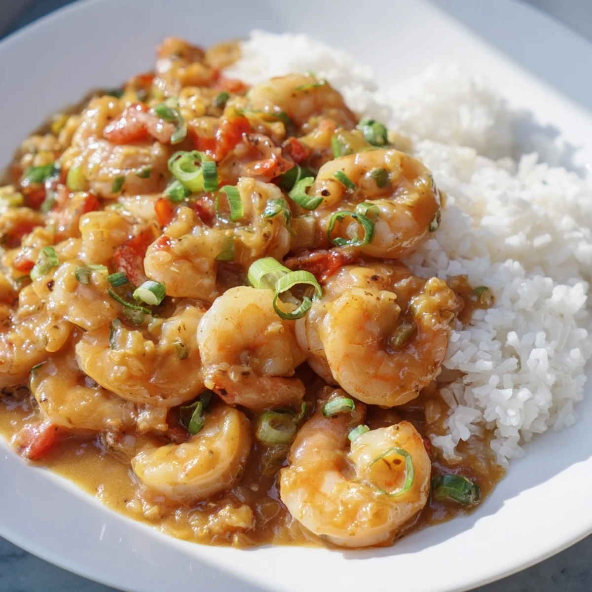 Golden brown shrimp étouffée in a thick Creole sauce garnished with fresh green onions