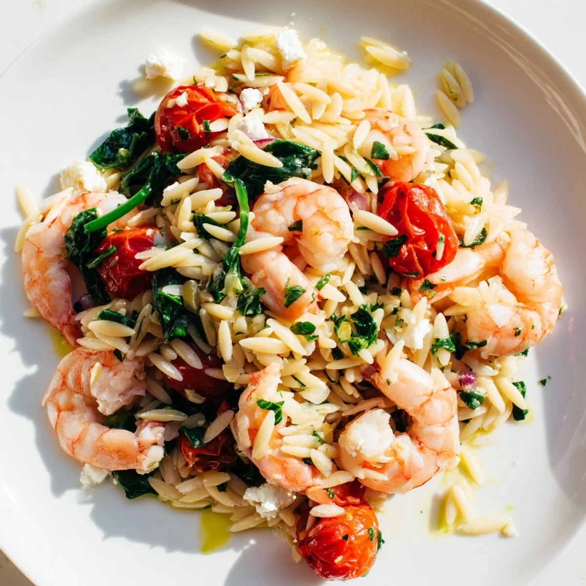 Golden lemon feta orzo shrimp featuring pink prawns, wilted spinach, and crumbled white feta cheese