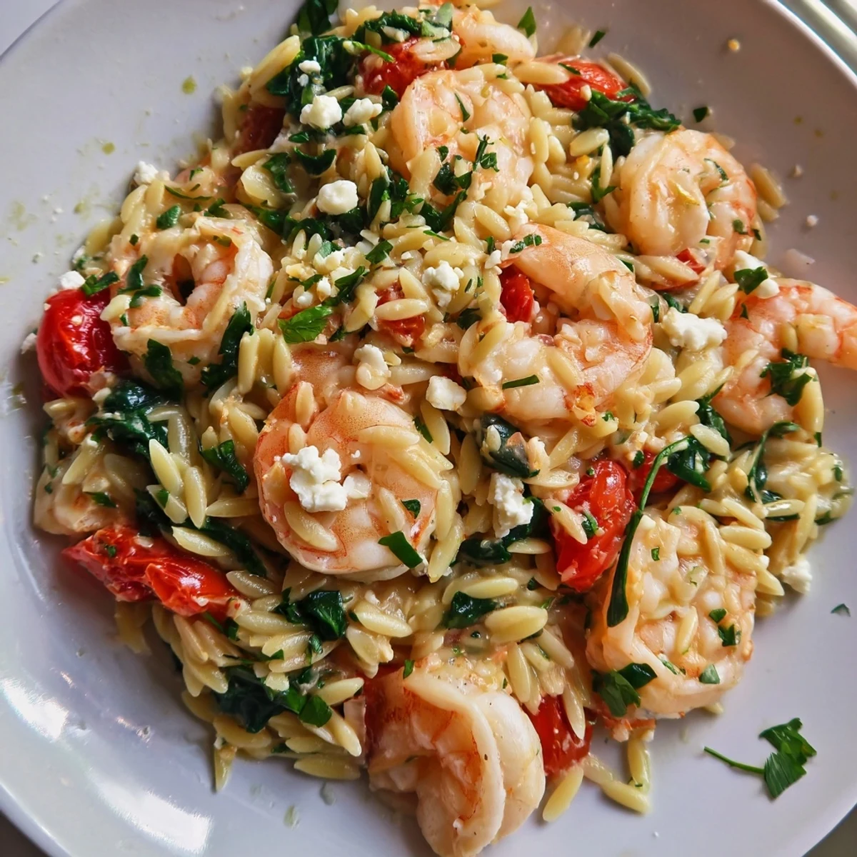 Mediterranean pasta bowl with succulent shrimp, bright lemon zest, cherry tomatoes, and creamy feta