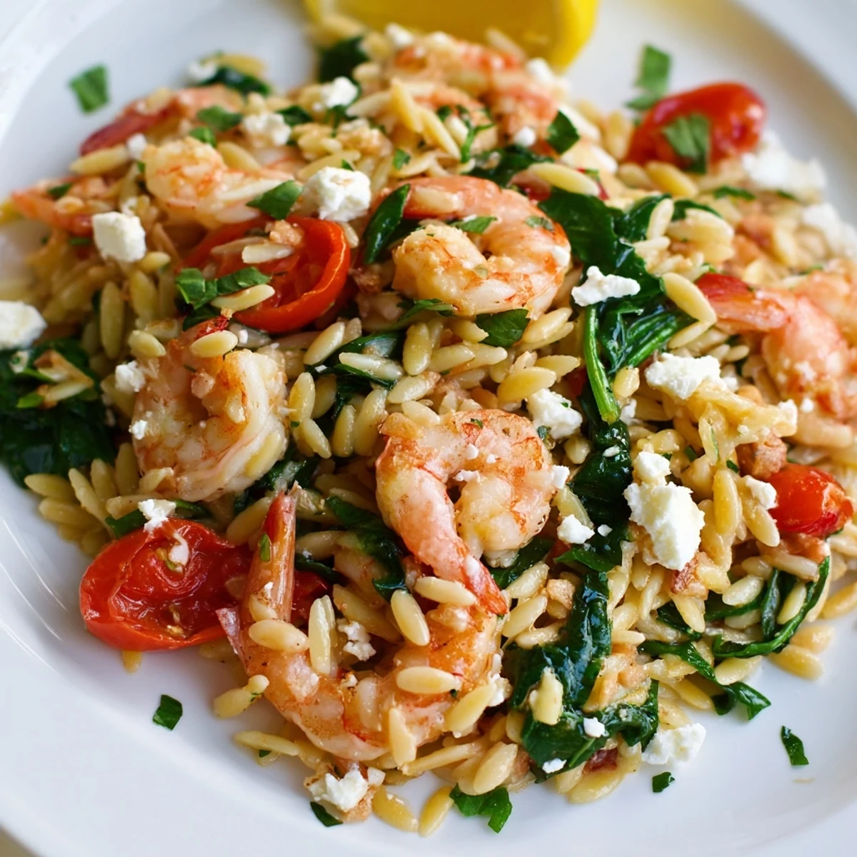 Creamy orzo tossed with tender shrimp, fresh spinach, tangy feta, and bright lemon citrus