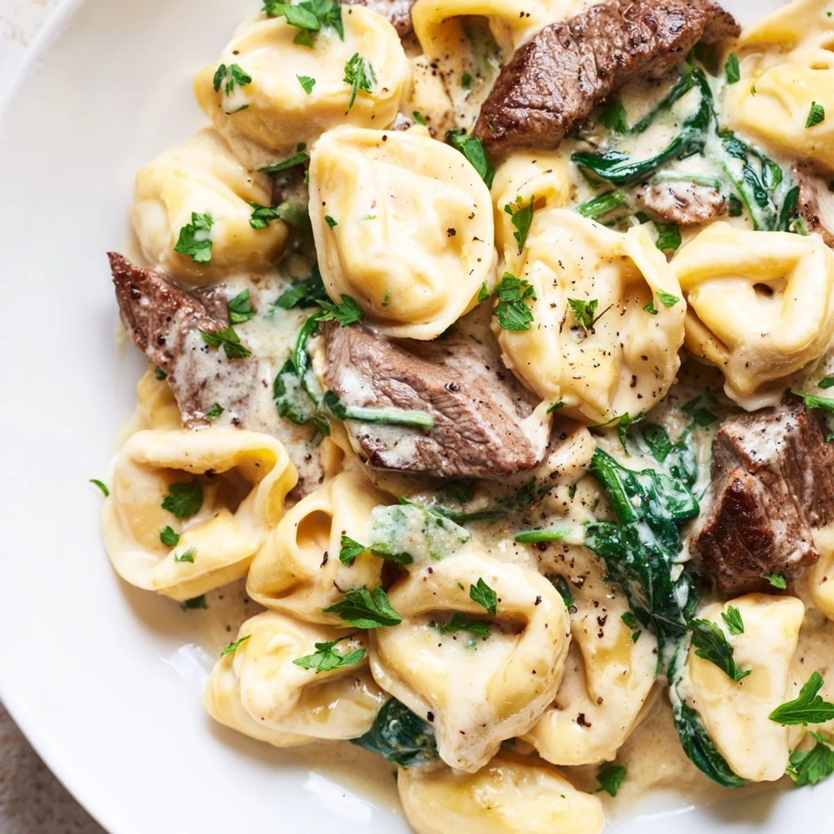 Golden seared steak strips and cheese tortellini coated in rich garlic cream sauce with fresh parsley garnish