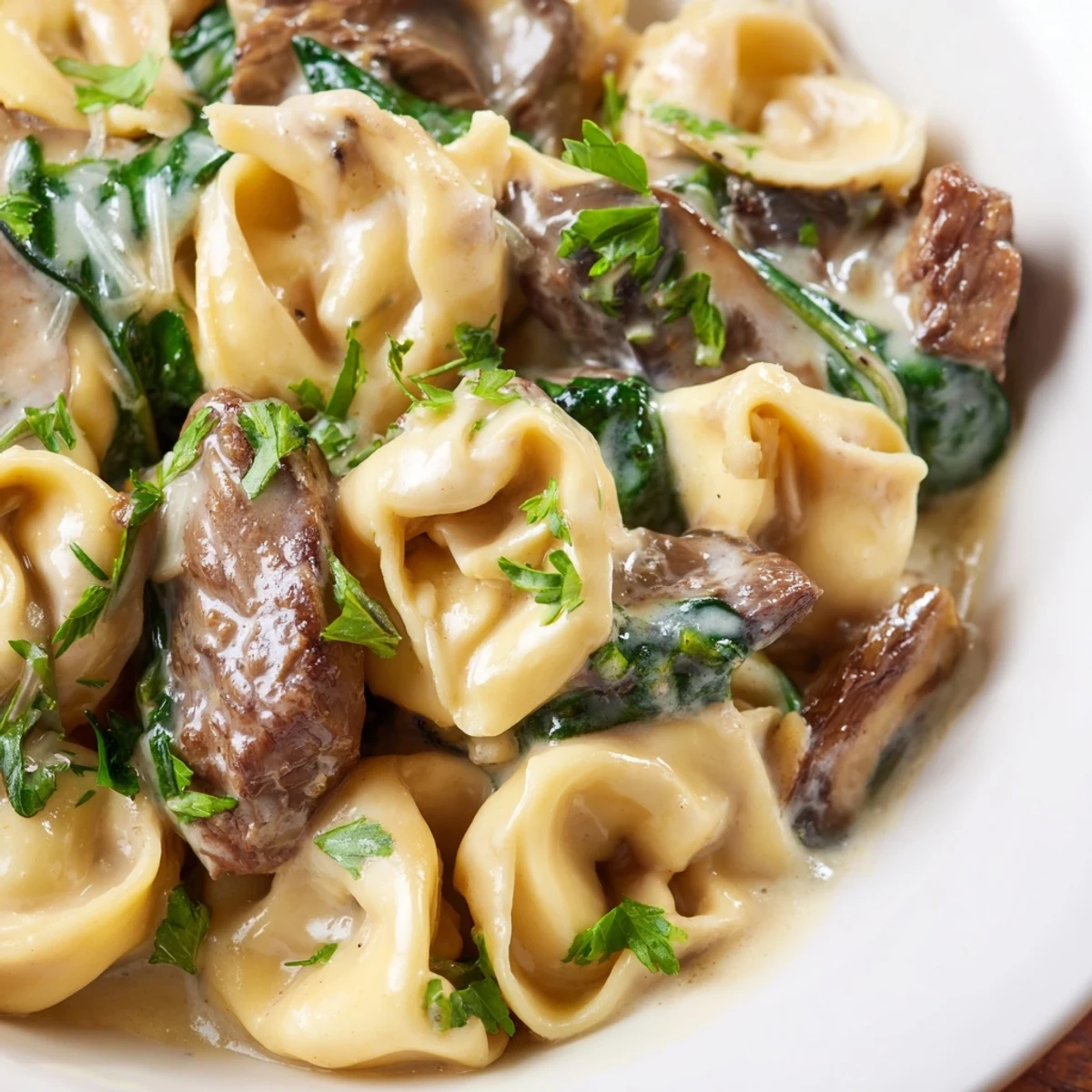 Creamy garlic steak tortellini featuring tender beef and pillowy pasta in a luscious parmesan white sauce