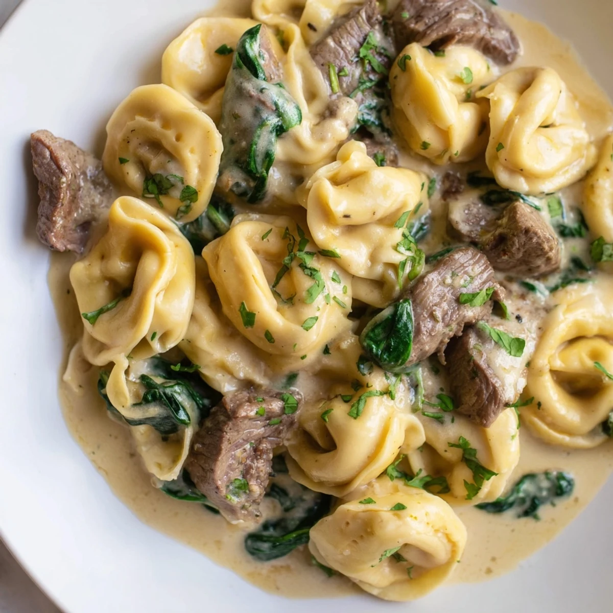 Savory steak and tortellini tossed in garlicky cream sauce with wilted spinach and parmesan cheese topping
