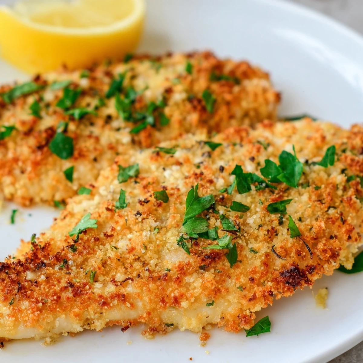 Golden tilapia fillets with crispy panko Parmesan crust air-fried to perfection