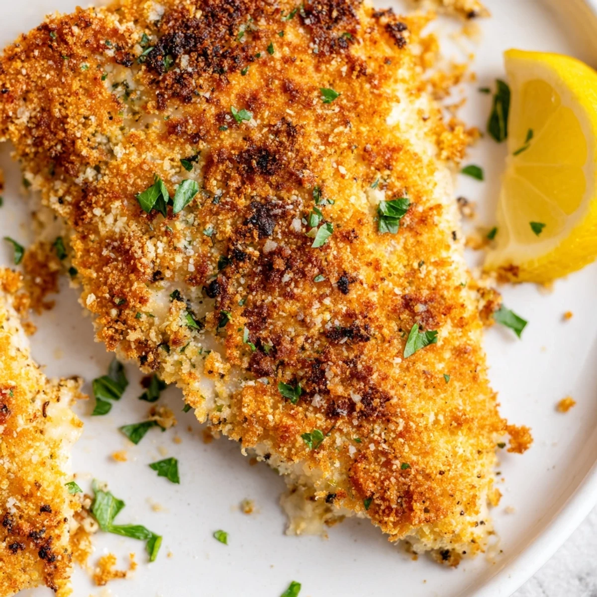 Air fryer tilapia with seasoned breadcrumb coating served with fresh lemon wedges