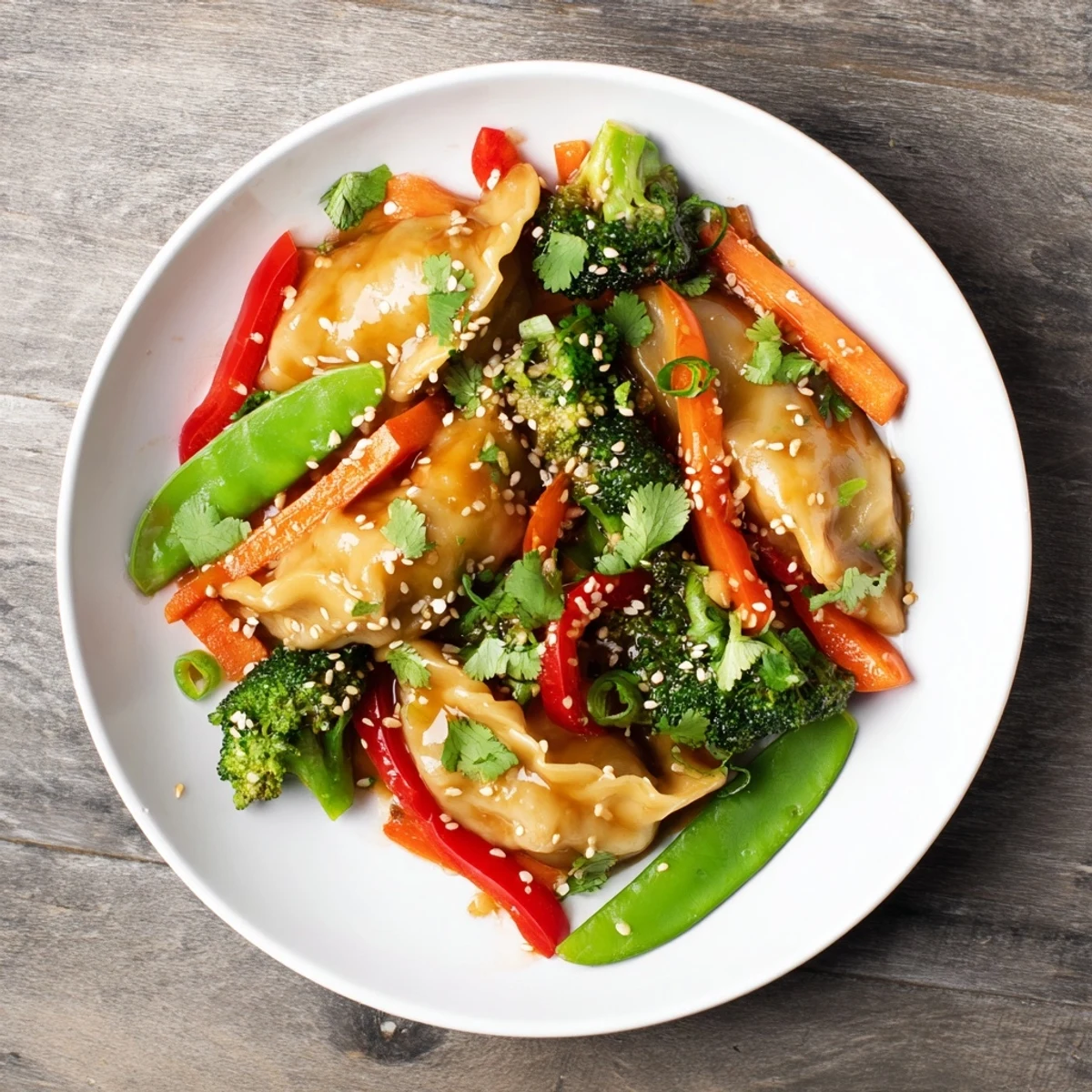 Vibrant vegetable and dumpling stir fry drizzled with savory garlic glaze and sesame seeds