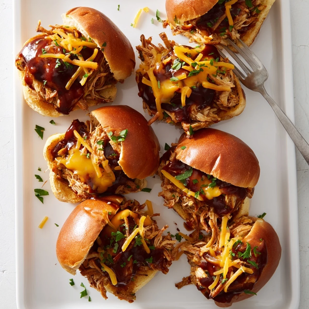 Golden brown Mississippi Mud Chicken Sliders topped with melted cheddar cheese and crispy fried onions on buttery toasted buns