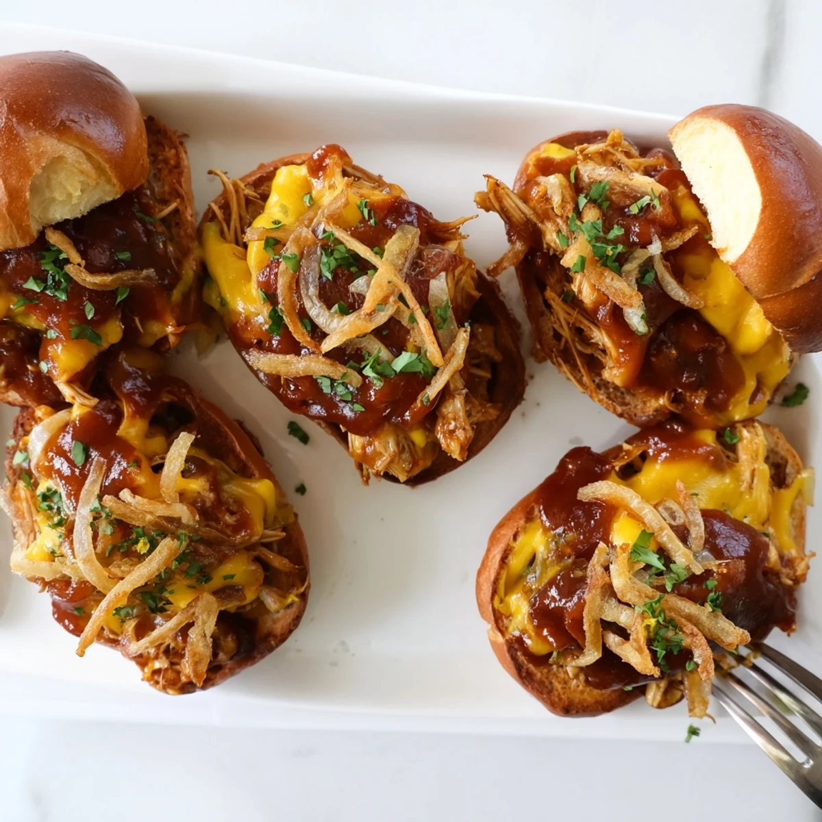 Juicy barbecue chicken piled high on slider buns with gooey cheese and crunchy onion straws for game day parties