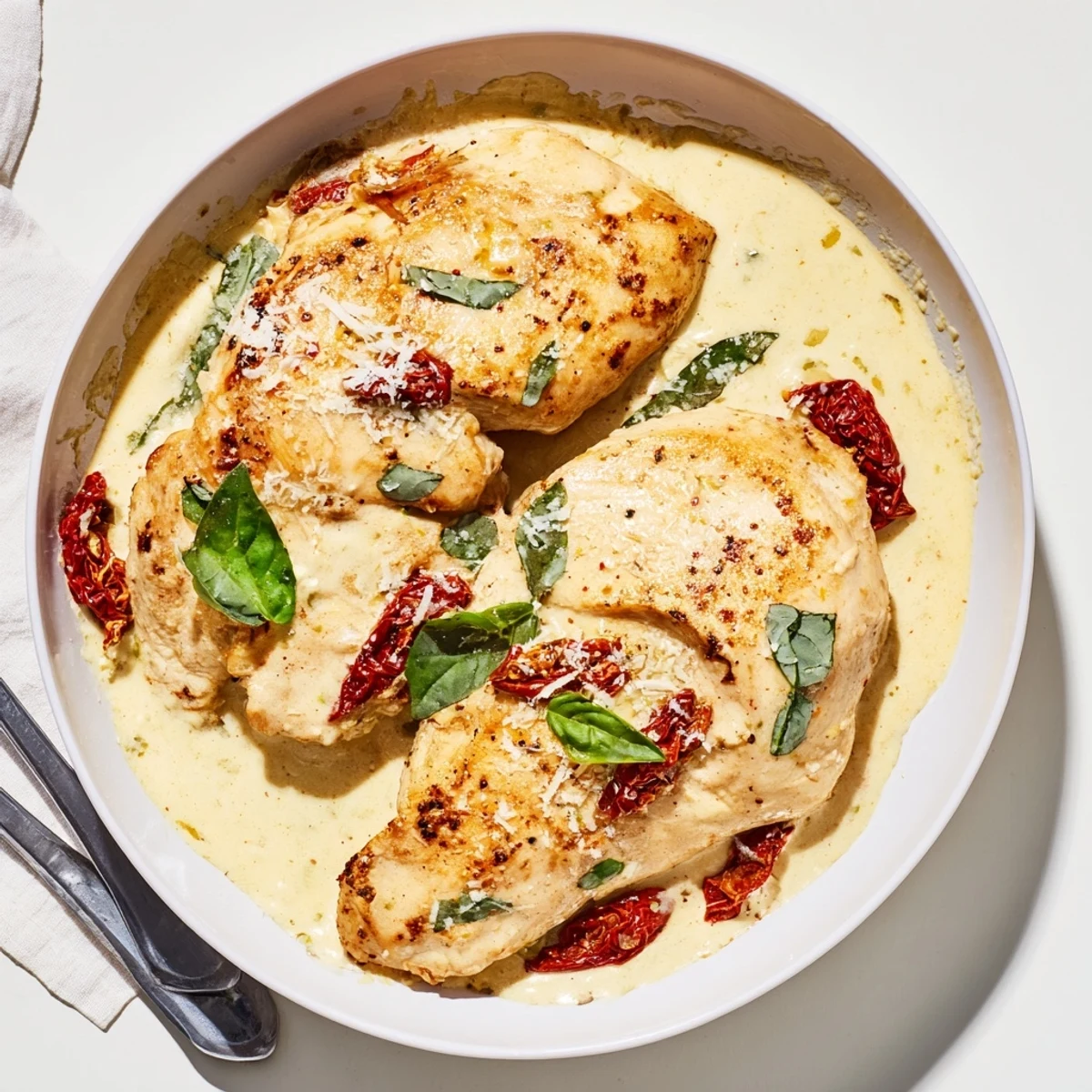 Golden High Protein Marry Me Chicken breasts resting in creamy sun-dried tomato parmesan sauce garnished with fresh green basil