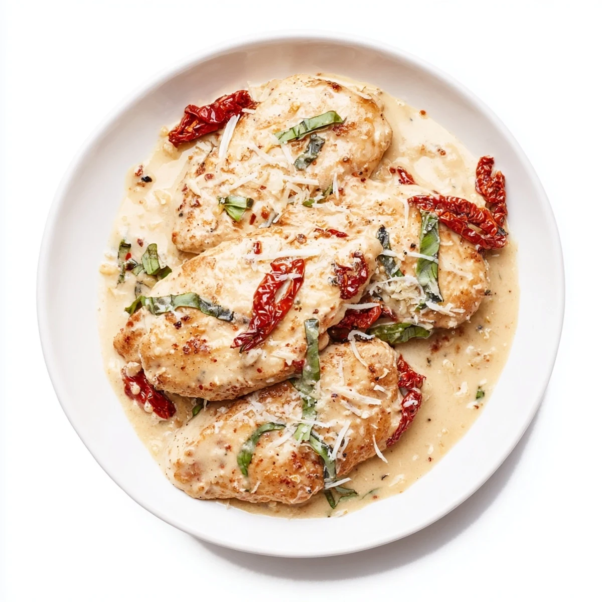 Creamy high protein skillet chicken featuring sun-dried tomatoes and parmesan sauce served hot with basil garnish