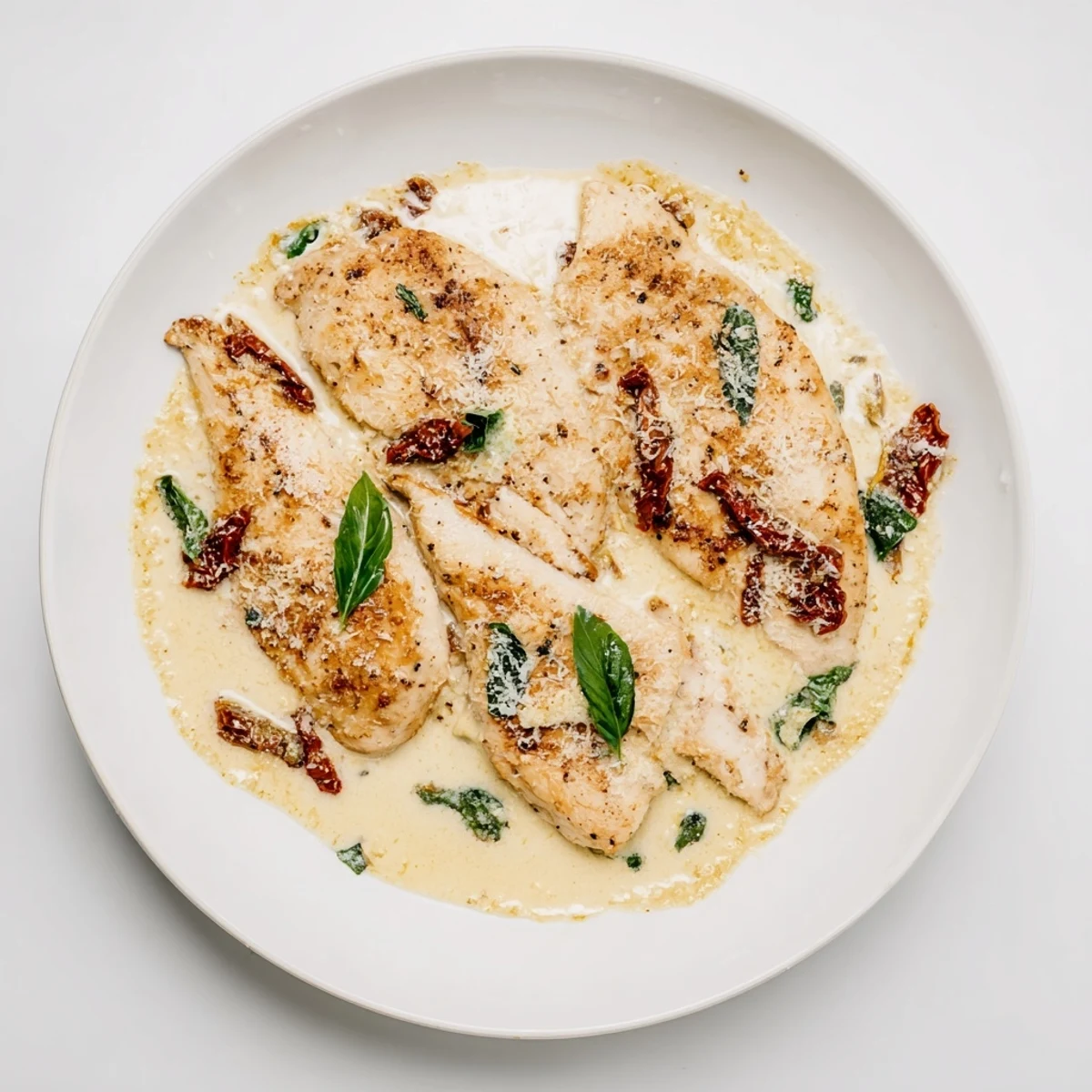 Juicy chicken simmering in thick red tomato sauce with melted parmesan and fresh basil sprinkles on top