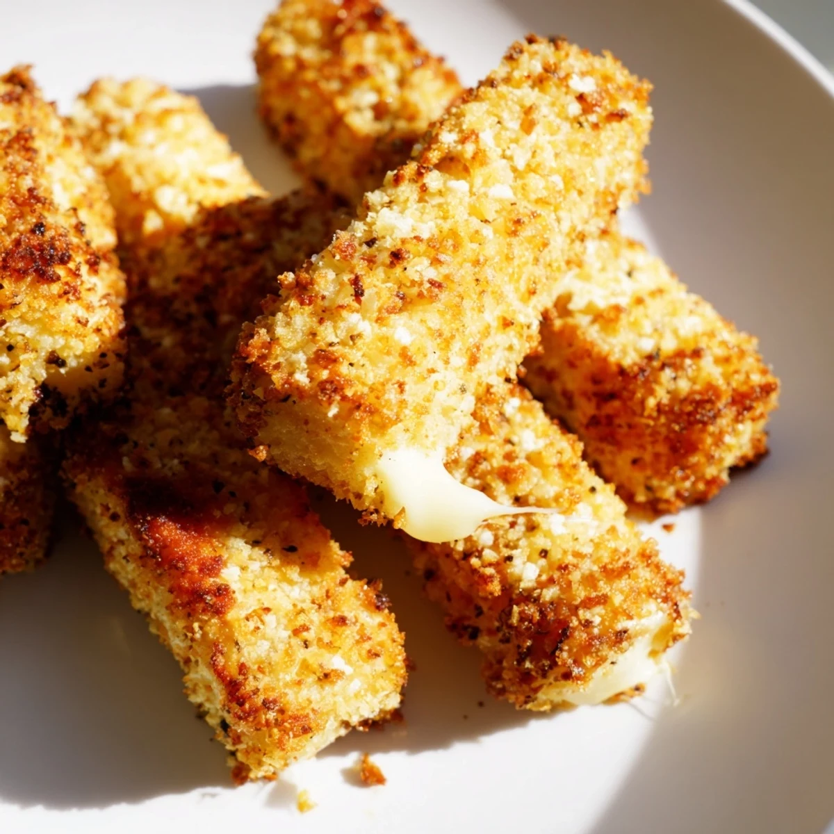 Golden crispy baked mozzarella sticks with melty cheese centers served on white plate