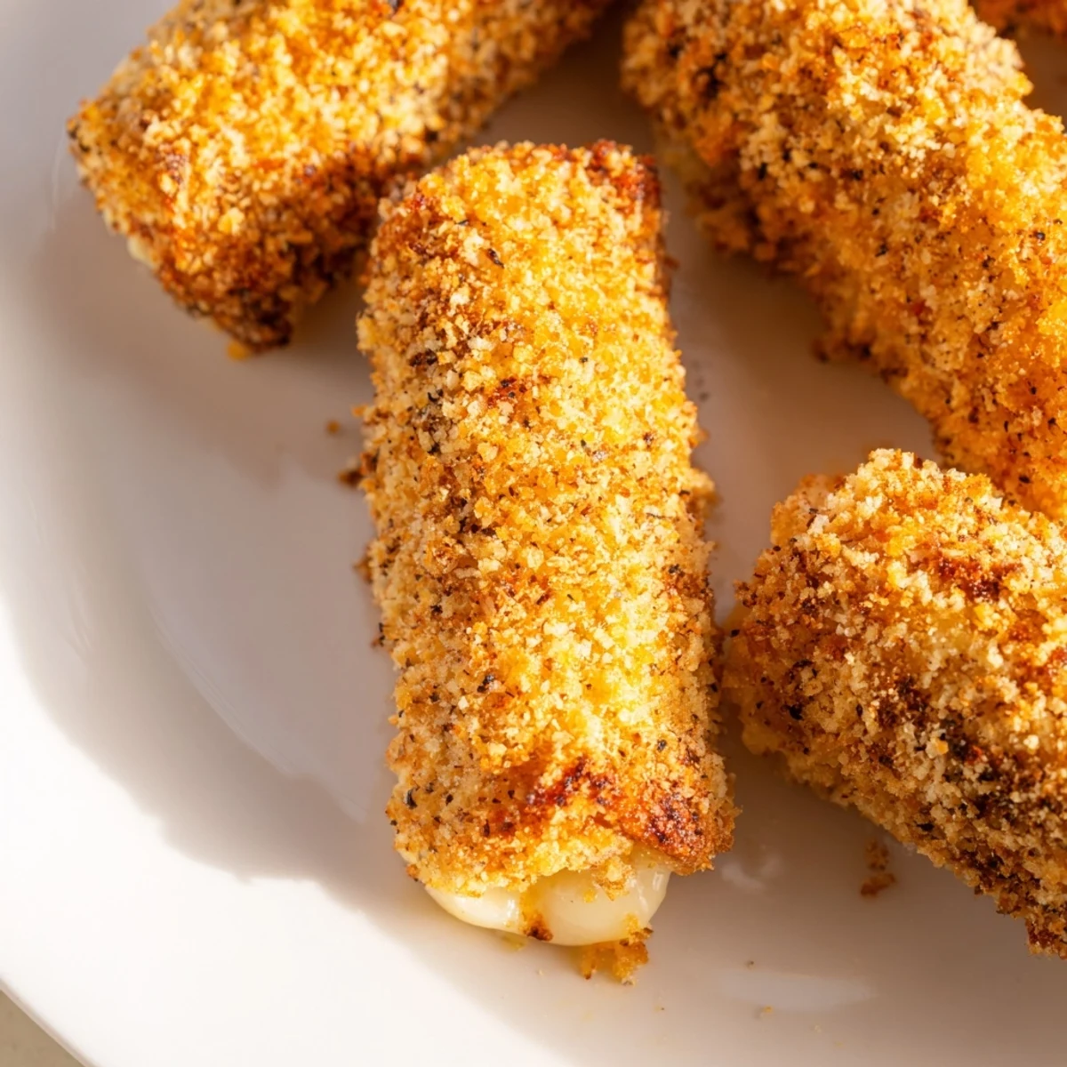 Homemade crispy baked mozzarella sticks arranged on wire rack after baking until golden