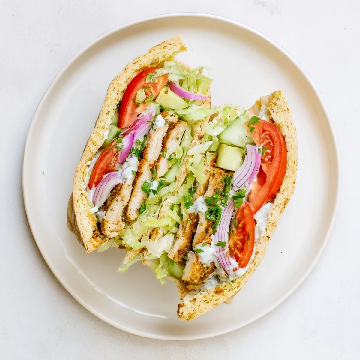 Golden brown cottage cheese flatbread wrapped around juicy grilled chicken with fresh lettuce, tomato, and creamy avocado slices