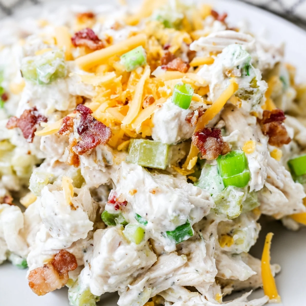 Keto Jalapeno Popper Chicken Salad plated with fresh celery sticks for a low-carb lunch