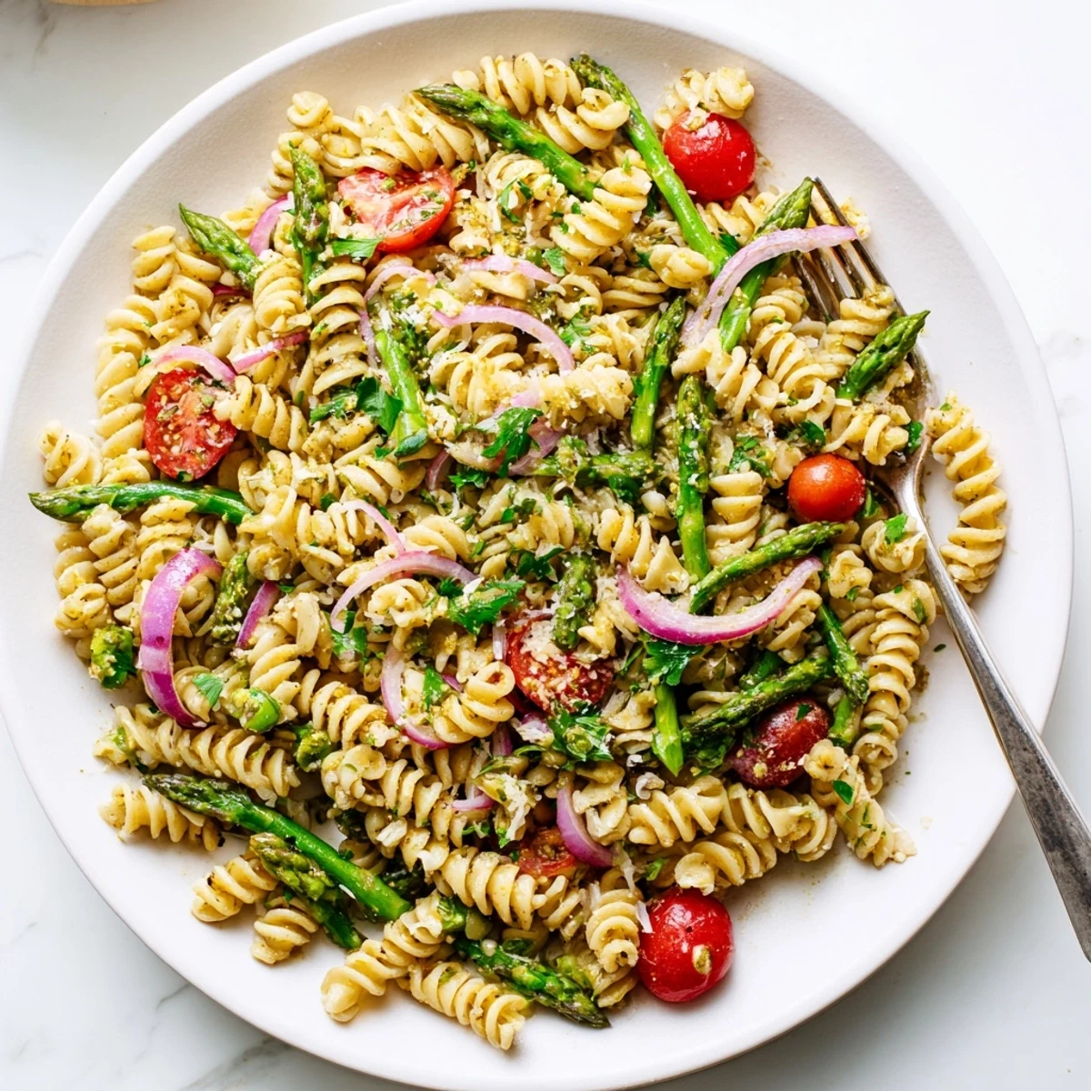 Fresh lemon asparagus pasta salad tossed with cherry tomatoes and red onion in a light citrus dressing