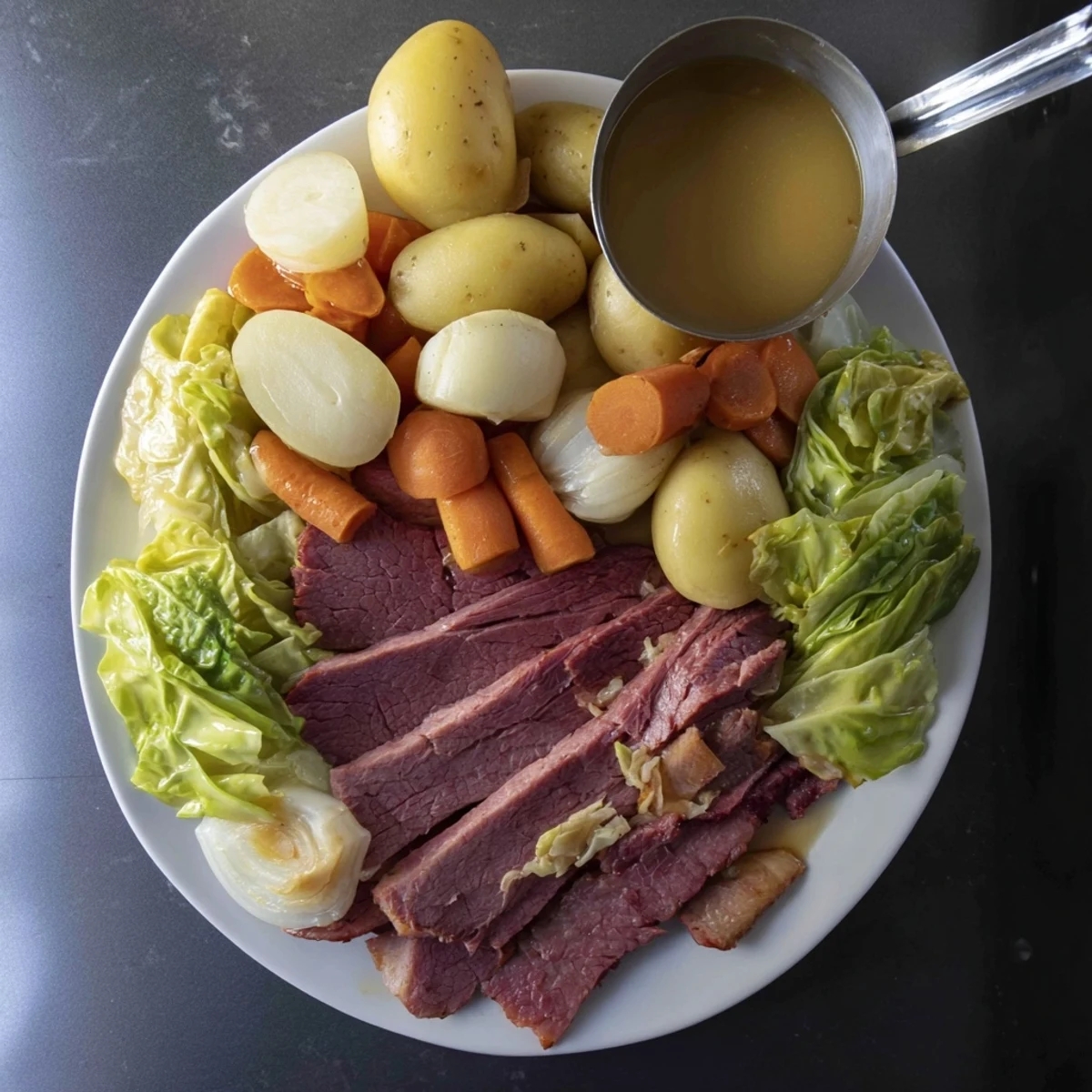 Slow cooker corned beef cabbage with tender sliced brisket surrounded by golden potatoes and carrots in rich beef broth