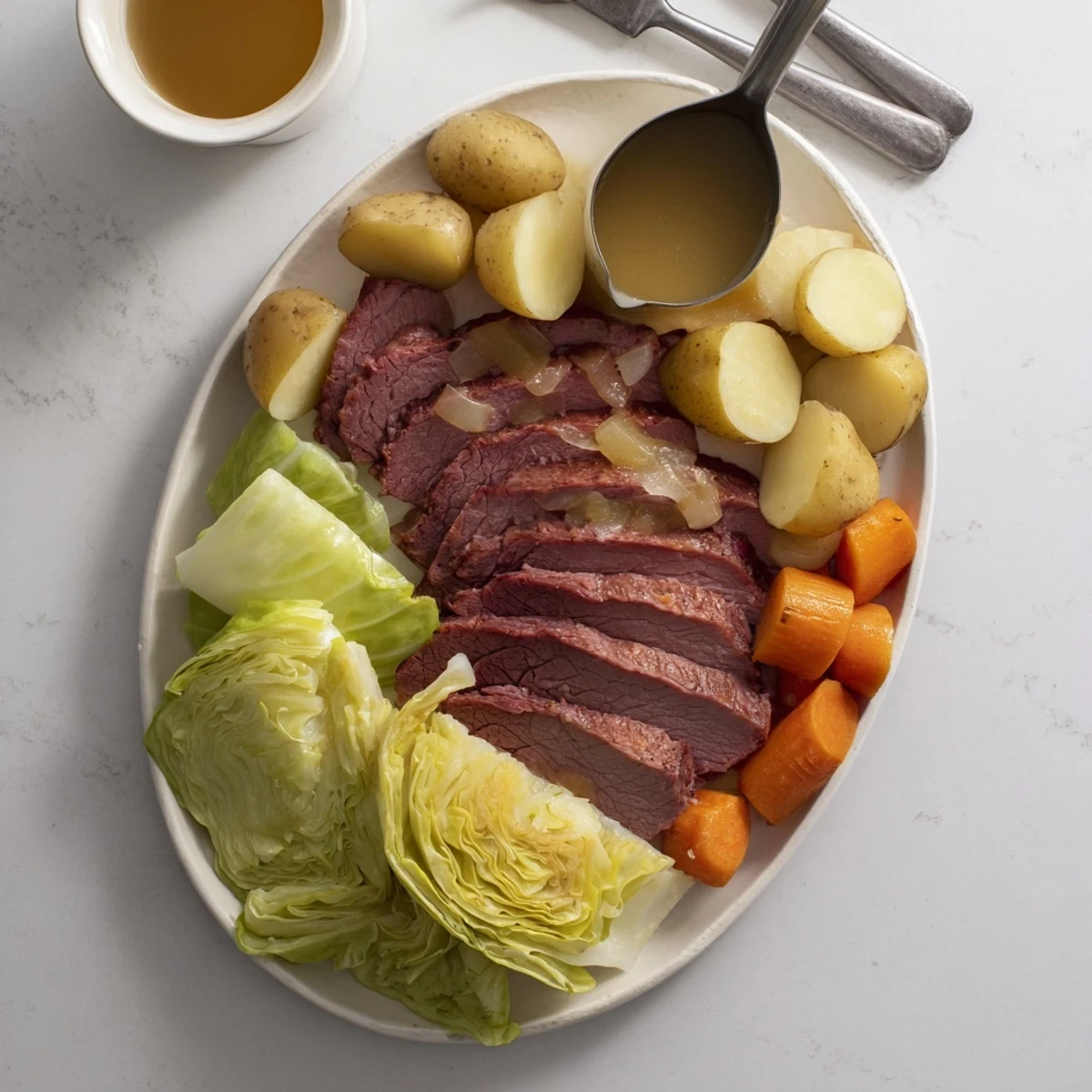 Comforting Irish-American corned beef and cabbage plated with fork-tender meat, vibrant vegetable wedges, and savory cooking juices