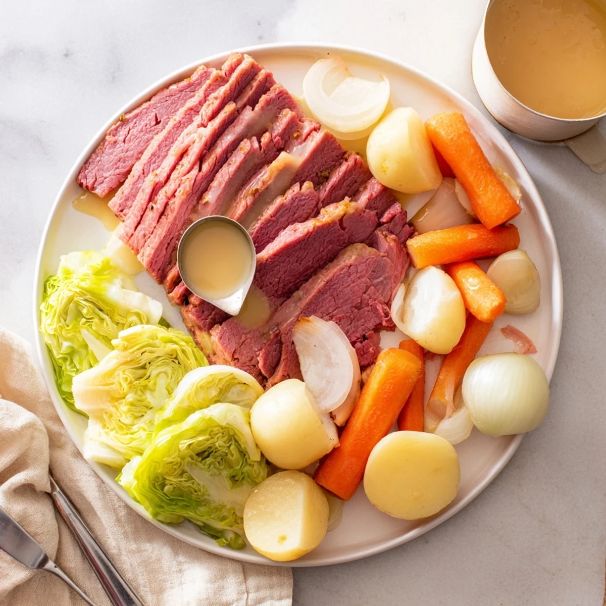 Hearty slow cooker corned beef cabbage featuring melt-in-your-mouth brisket chunks with buttery cabbage and carrots in a rustic bowl