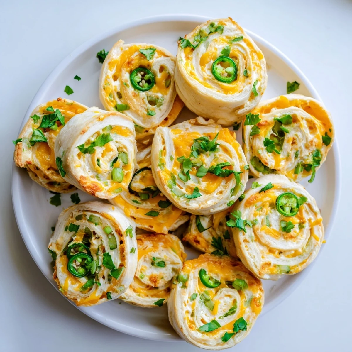 Golden baked jalapeno popper pinwheels with melted cheddar and fresh green onion bits