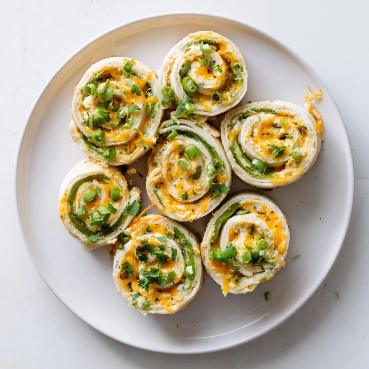 Party ready jalapeno popper pinwheels arranged on white serving plate with fresh cilantro
