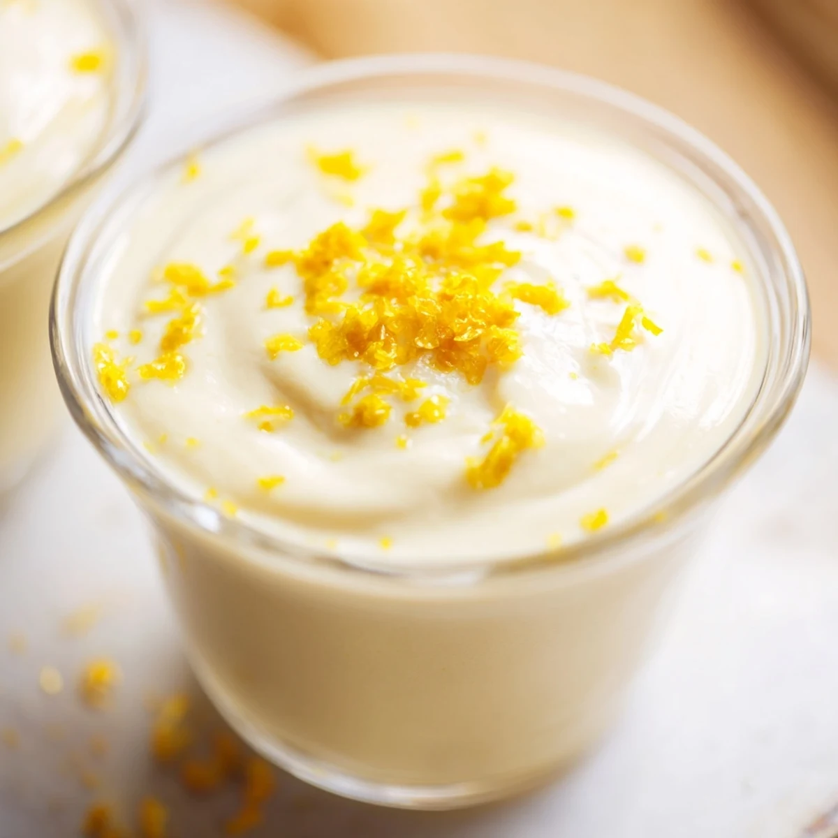 Silky smooth lemon posset dessert topped with grated lemon zest and shortbread