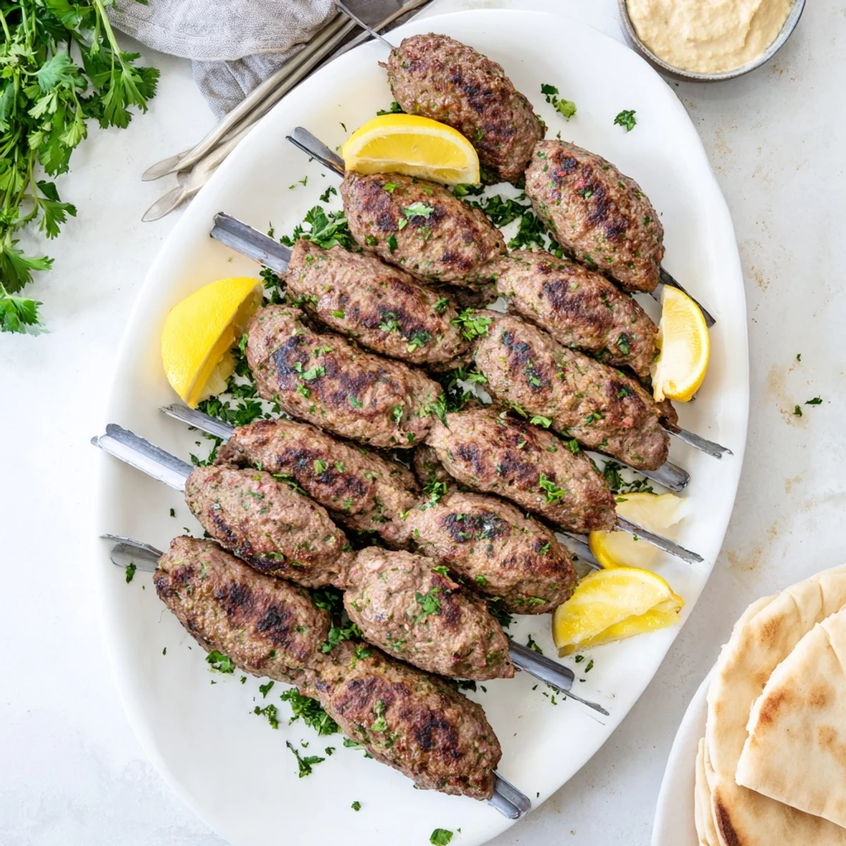 Juicy Lebanese kafta kebabs grilled to golden perfection with fresh herbs and warm pita bread
