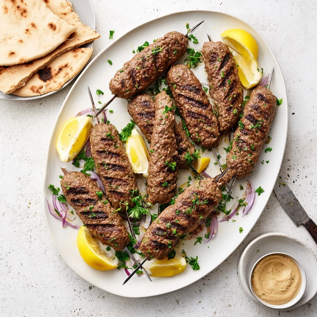 Golden brown Lebanese kafta skewers sizzling on the grill with aromatic Middle Eastern spices