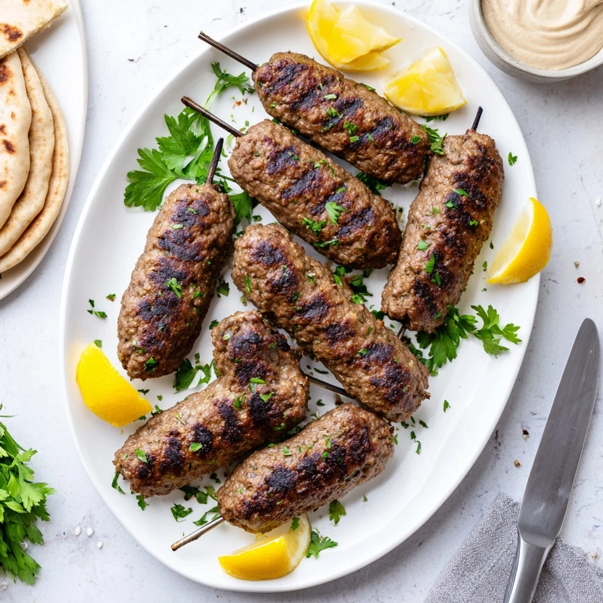 Easy Lebanese kafta recipe featuring spiced ground meat patties served with lemon wedges and tahini