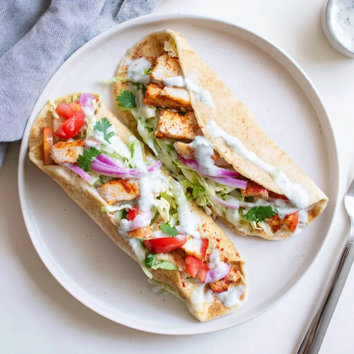 Golden crispy cottage cheese flatbread wraps filled with juicy seasoned grilled chicken strips and fresh vegetables