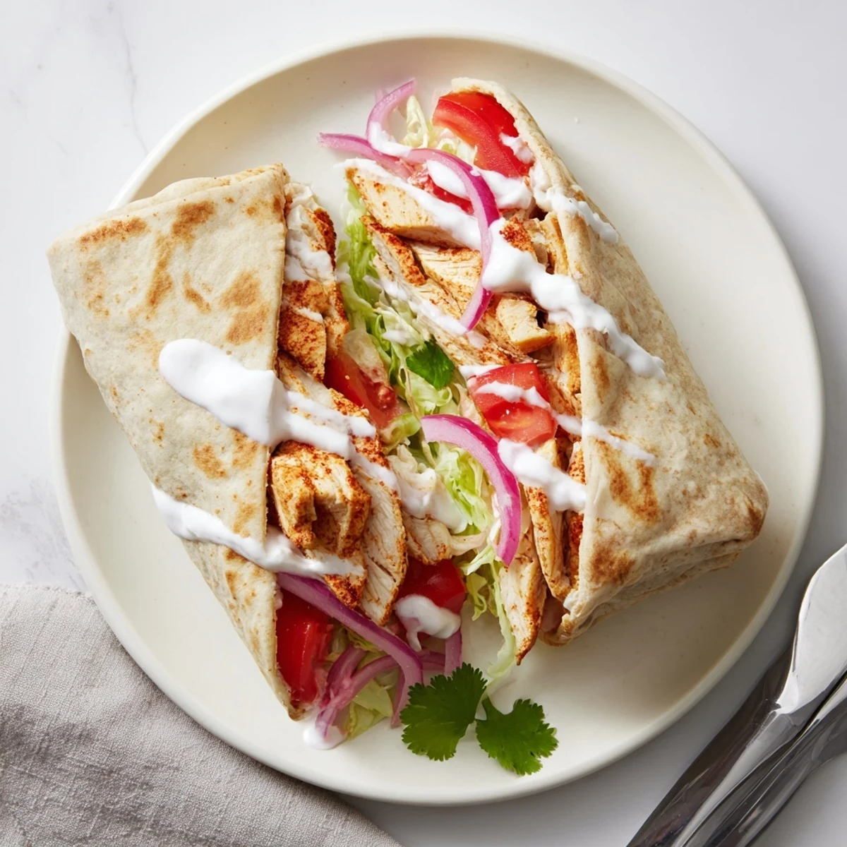 High protein crispy cottage cheese flatbread chicken wraps cut in half revealing colorful vegetable filling