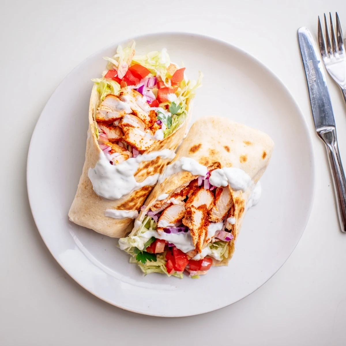 Protein-packed chicken wraps featuring baked cottage cheese flatbread layered with lettuce tomato and creamy yogurt