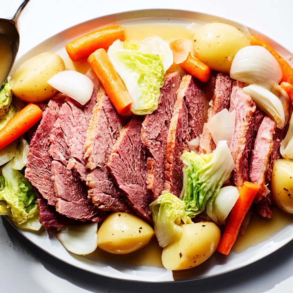 Sliced corned beef plated alongside buttery potatoes, carrots, and cabbage wedges garnished with fresh parsley