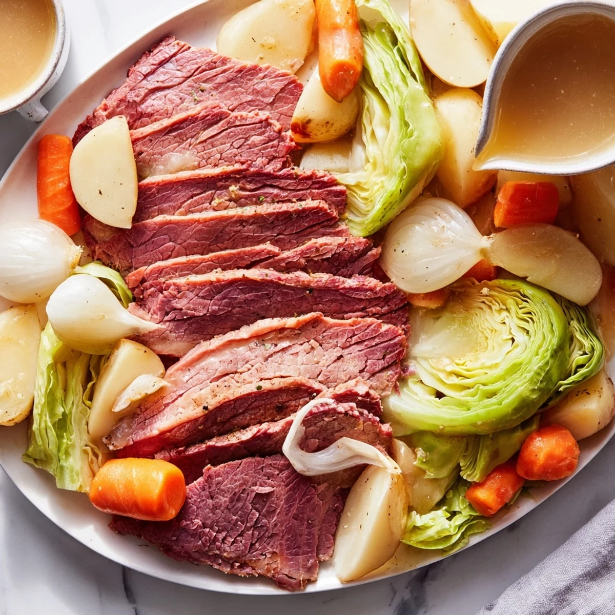 Golden corned beef brisket simmered with tender cabbage wedges and colorful root vegetables in a slow cooker