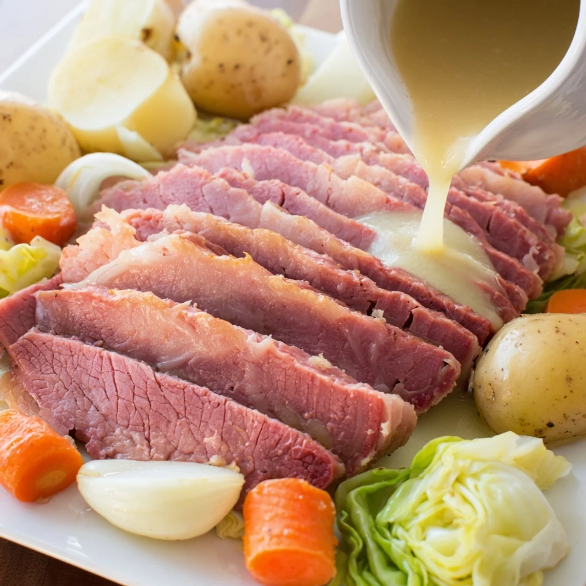 Comforting Irish-American corned beef and cabbage bowl featuring tender meat slices with hearty vegetables and broth