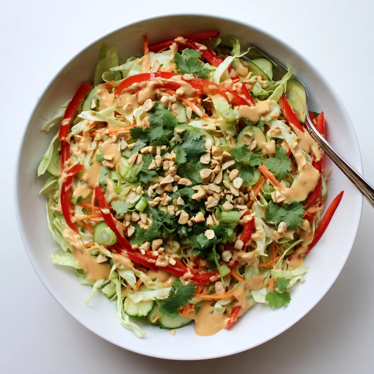 Colorful Thai salad peanut sauce featuring crunchy cabbage, carrots, and peppers drizzled with creamy dressing