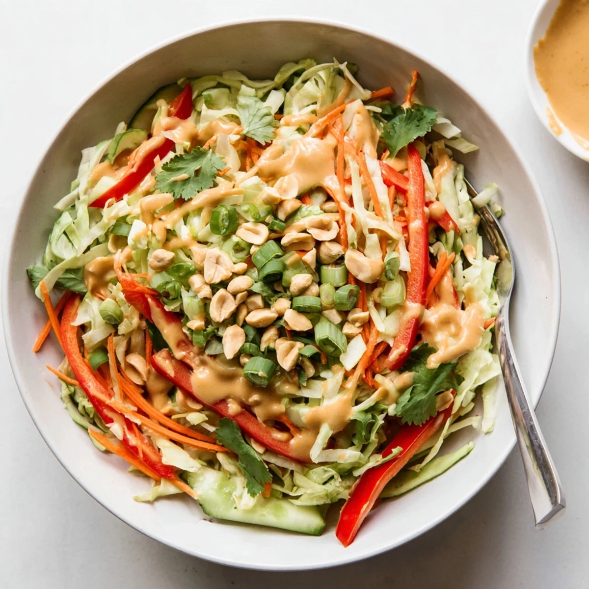 Fresh vegetable salad tossed in rich Thai peanut sauce and topped with roasted peanuts and cilantro