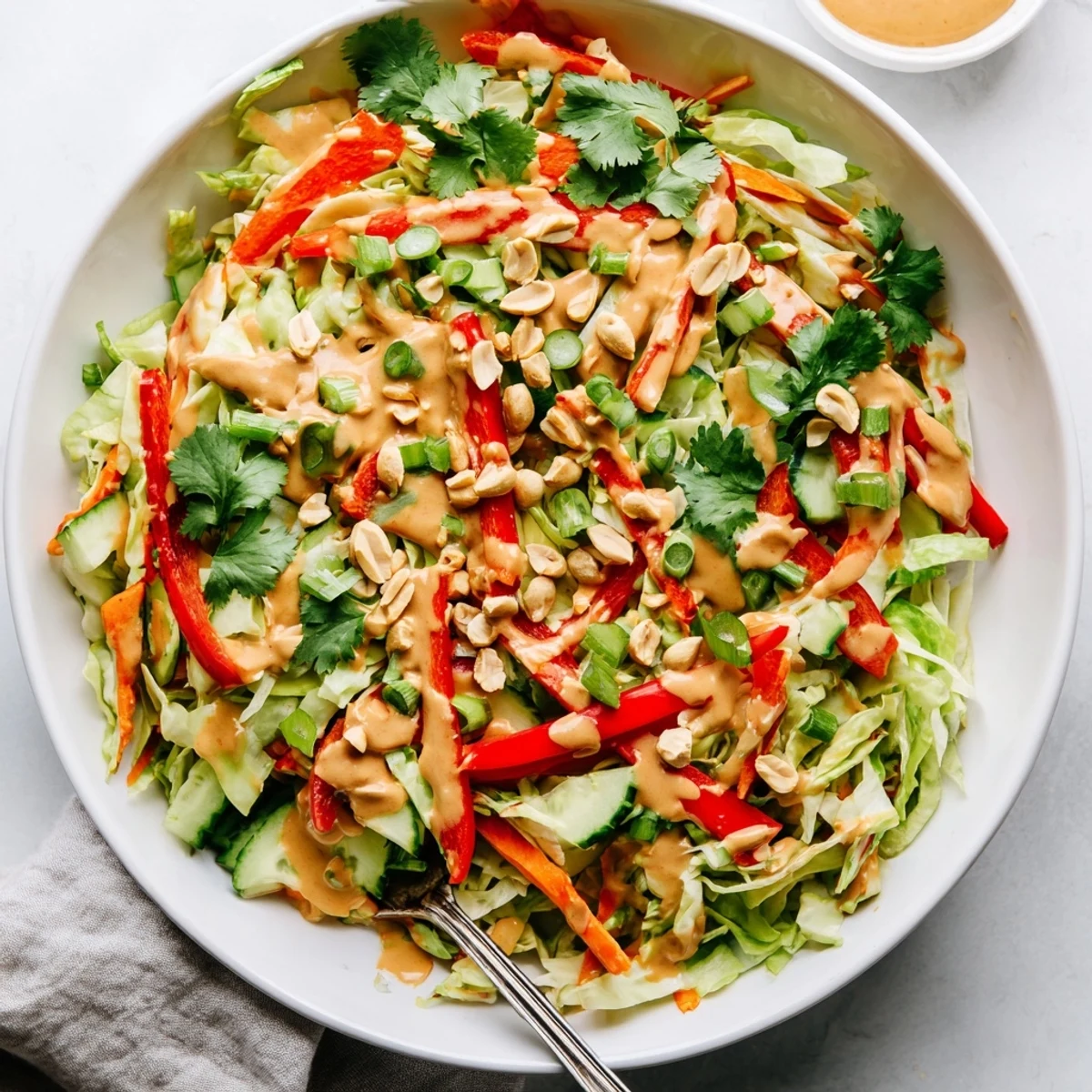 Vibrant shredded vegetables coated in smooth peanut sauce make this refreshing Thai salad peanut sauce perfect