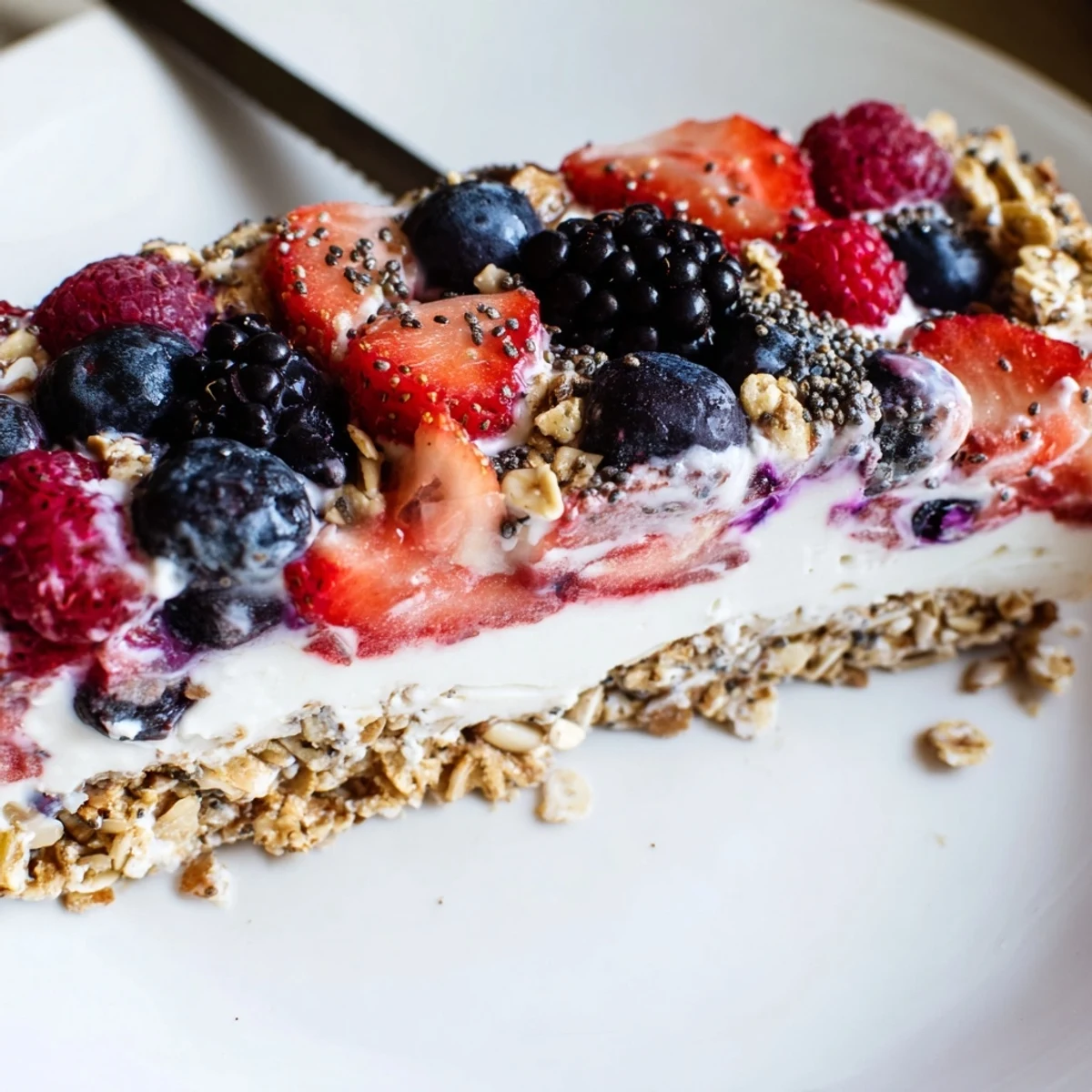 No bake frozen yogurt berry granola bars with colorful fresh fruit topping on a white plate