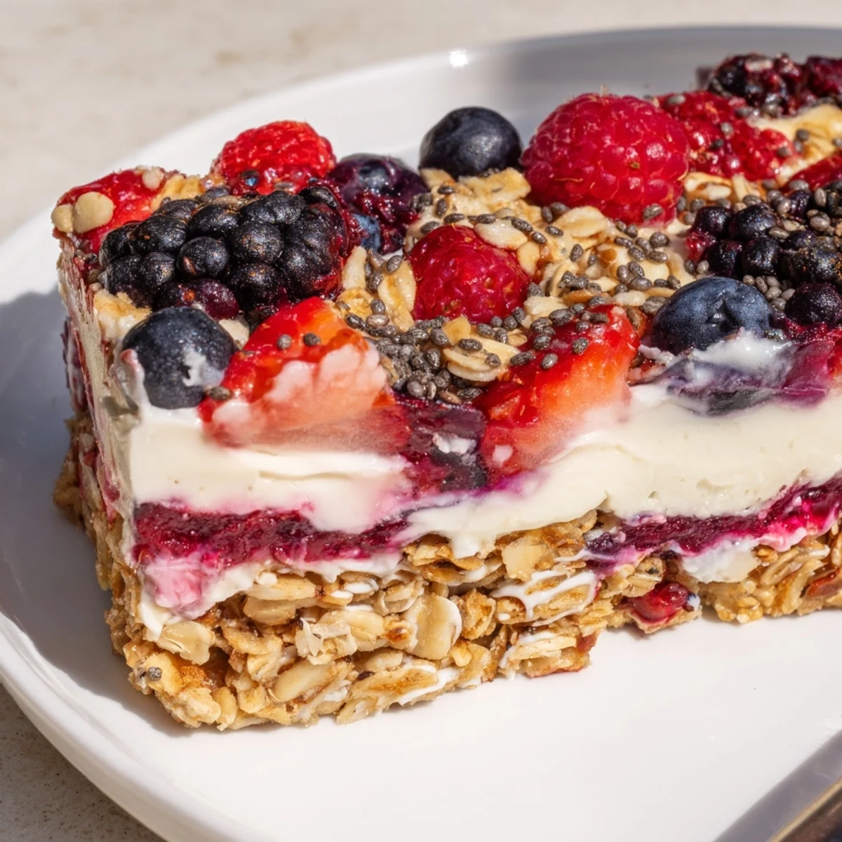 Creamy Greek yogurt layered no bake frozen yogurt berry granola bars with crunchy granola crust