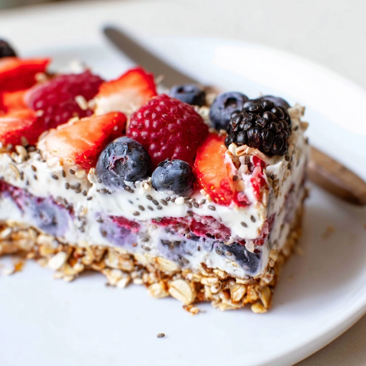 Sliced square of frozen yogurt berry granola bars showing vibrant red and blue berry layers