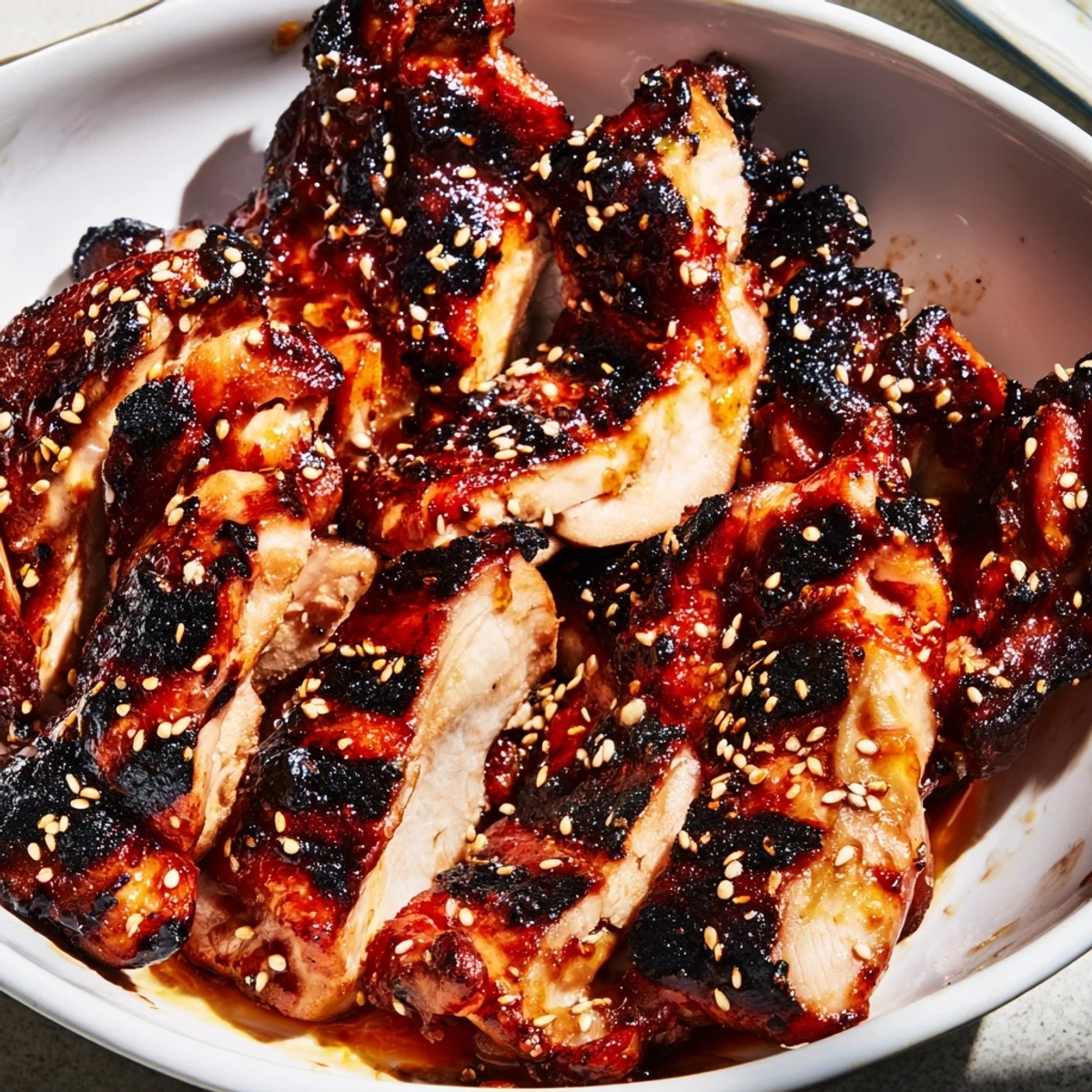 Charred glazed chicken arranged over jasmine rice with crisp veggies and zesty gochujang drizzle