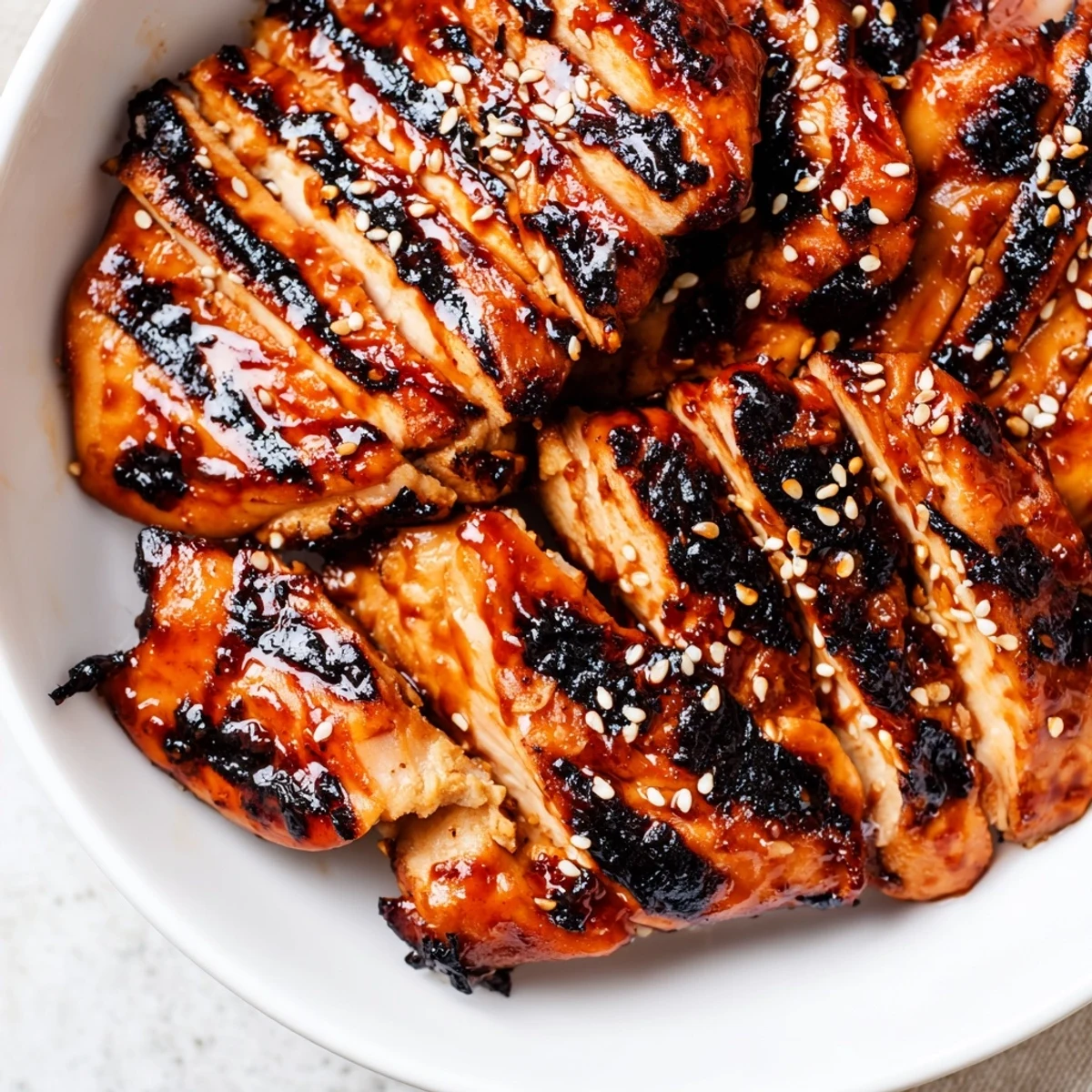 Vibrant bowl featuring juicy Korean BBQ chicken thighs with fresh cucumber, carrots, and purple cabbage