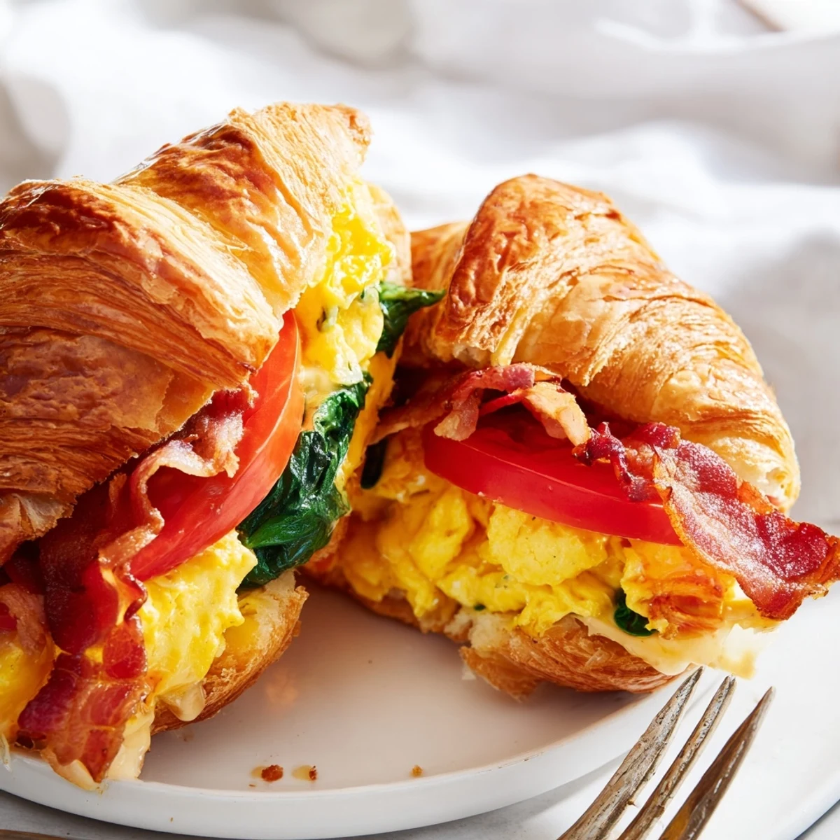 Golden flaky croissant breakfast sandwich with melted cheese, crispy bacon, and scrambled eggs