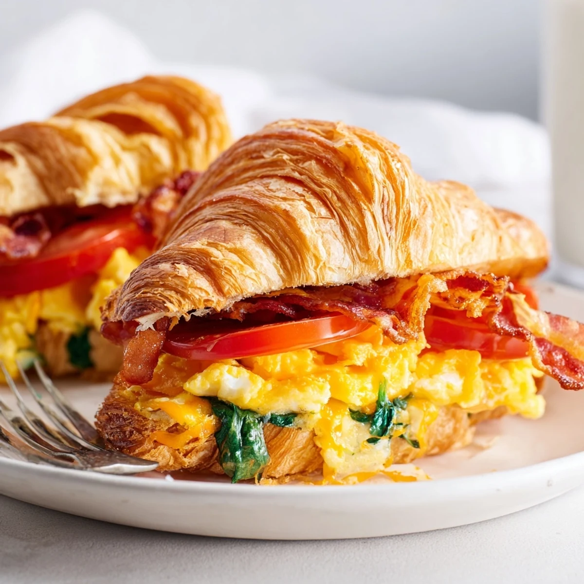 French-American croissant breakfast sandwiches stacked high with fluffy eggs, bacon, tomato slices, and fresh spinach