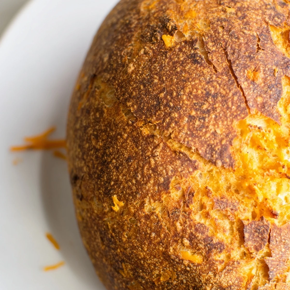 Golden no knead cheddar bread with a crispy crust and melted cheese visible inside